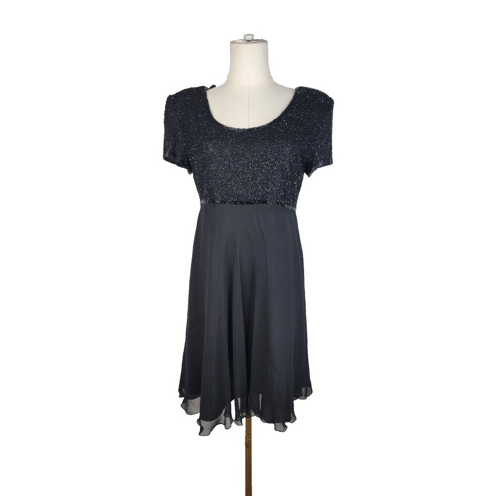 Papell Boutique Evening *read* 100% Silk Black Beaded Dress  Flowy Hem S z 8